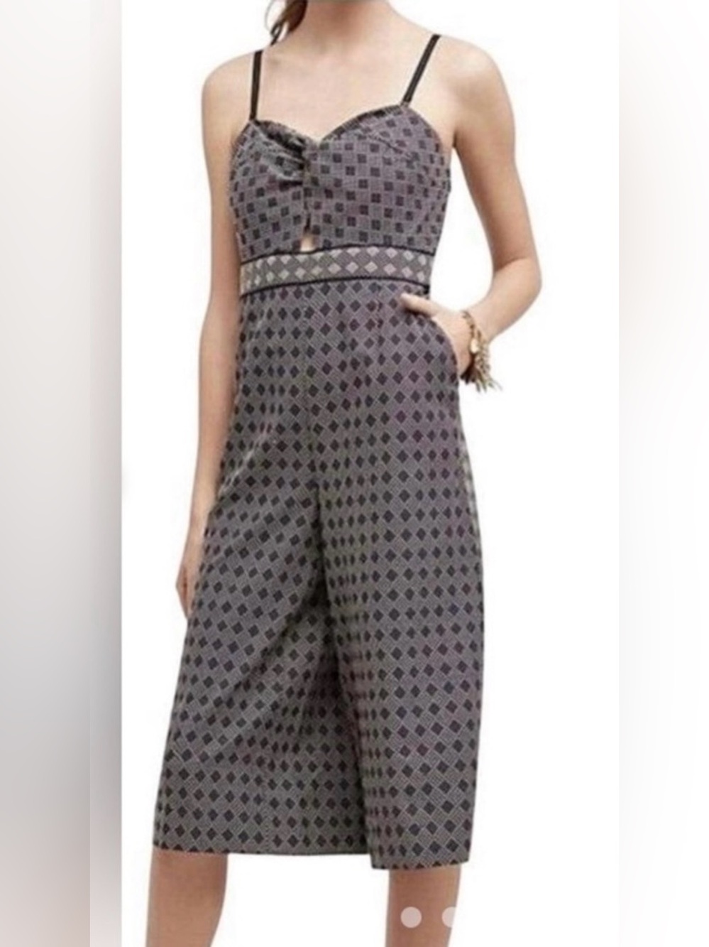 ANTHROPOLOGIE ELEVENSES Remy Cropped Romper Navy/Cream Size 14